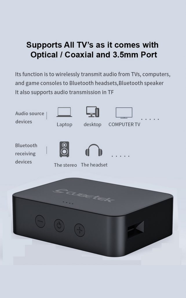 Cubetek V5.0 Bluetooth Transmitter, with Optical /SPDIF, CoAxial, 3.5 ...