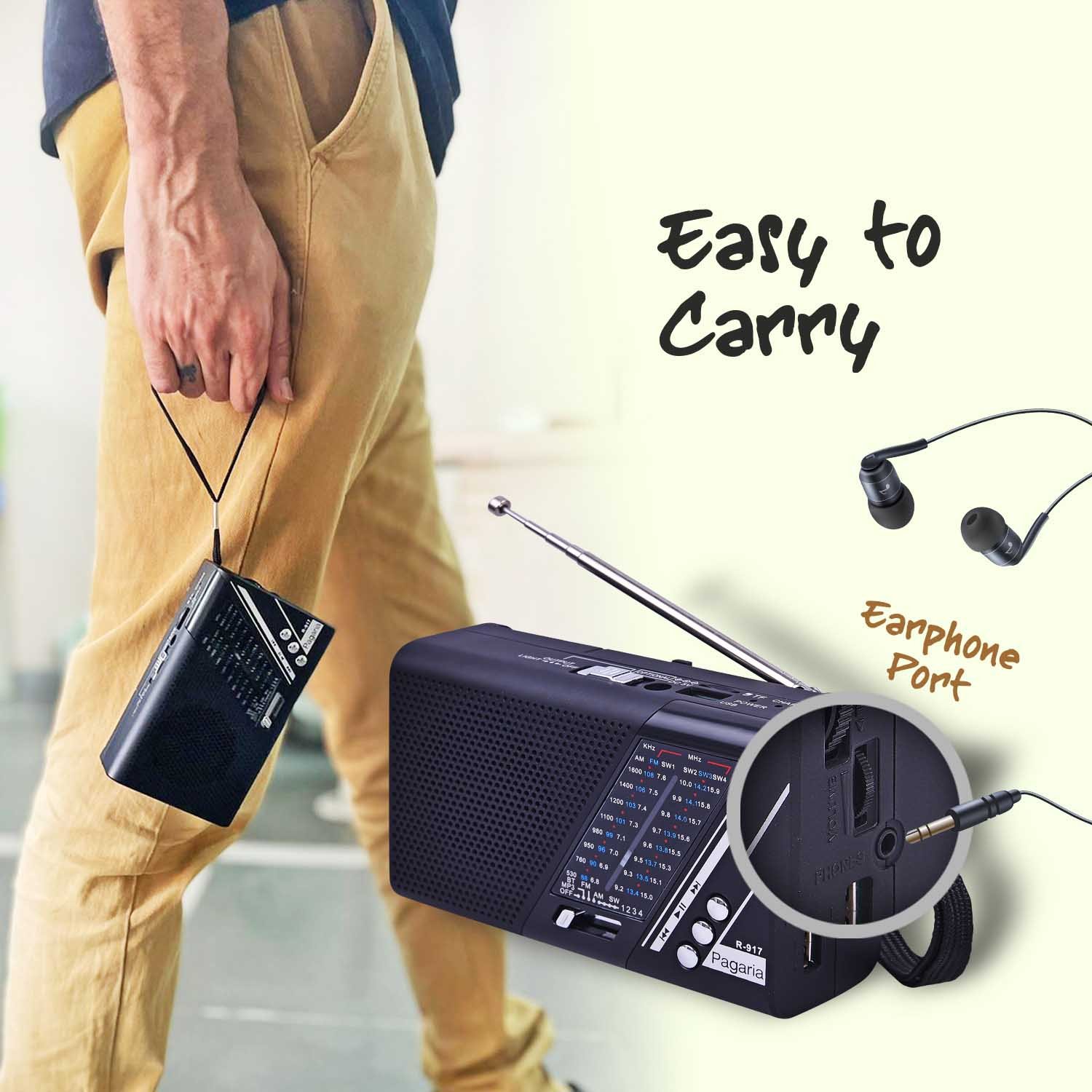PAGARIA Portable FM/AM/SW Radio with 5 Watts Sound, Bluetooth/USB/TF ...