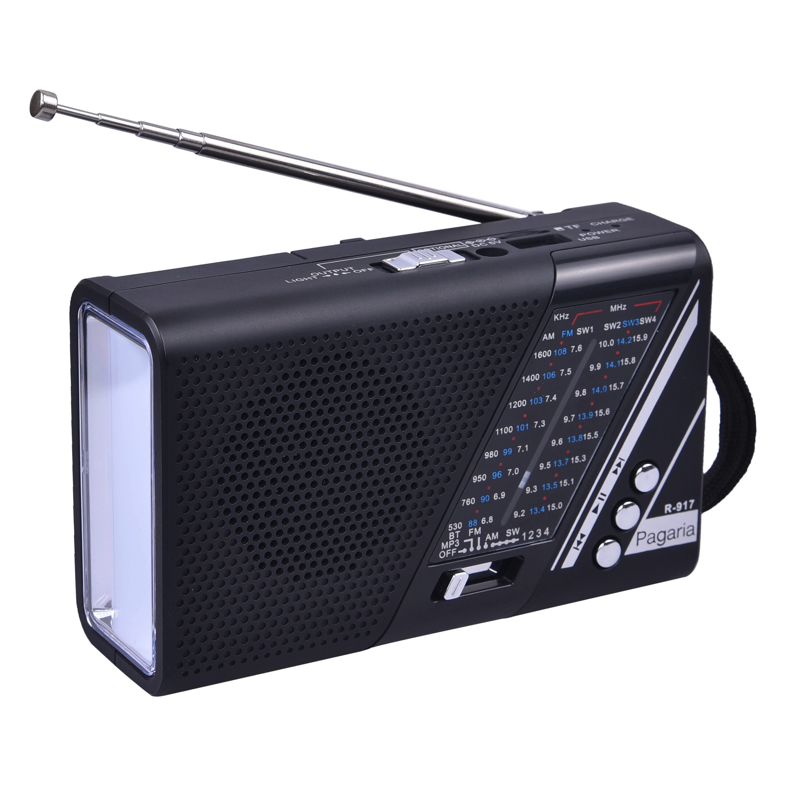 PAGARIA Portable FM/AM/SW Radio with 5 Watts Sound, Bluetooth/USB/TF,  Earphone Port & Torch – Melody Media